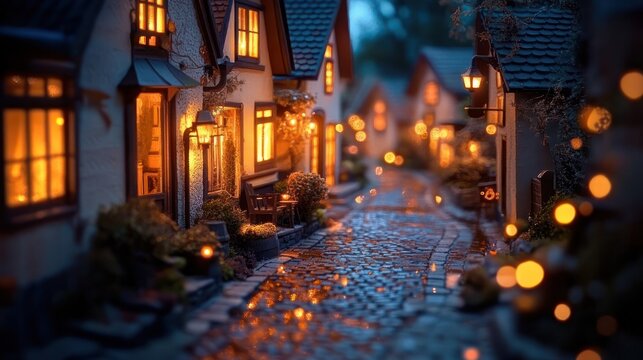 cozy narrow cobblestone street lined with small illuminated cottages and lanterns at twilight, warm glowing windows and bokeh lights creating a magical peaceful mood