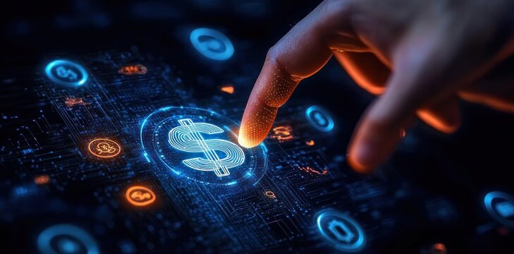 hand fingertip touching glowing digital dollar icon hologram on a neon blue and orange circuit interface, futuristic financial interaction and empowered control