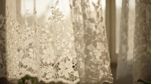 Sunlight filtering through delicate white lace curtains in a room