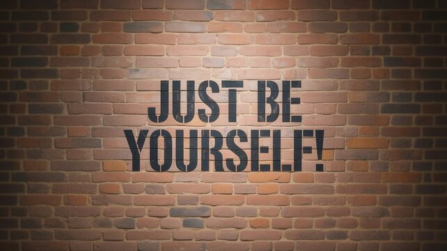 Just be yourself motivational slogan printed in bold black stencil lettering on a rustic weathered orange brown brick wall surface