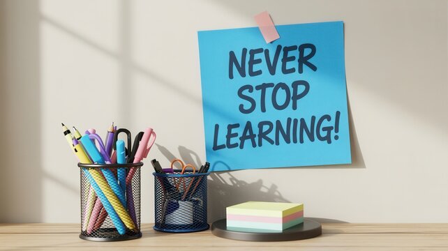 Blue sticky note displaying inspirational text never stop learning attached to office wall near colorful pens on a wooden desk
