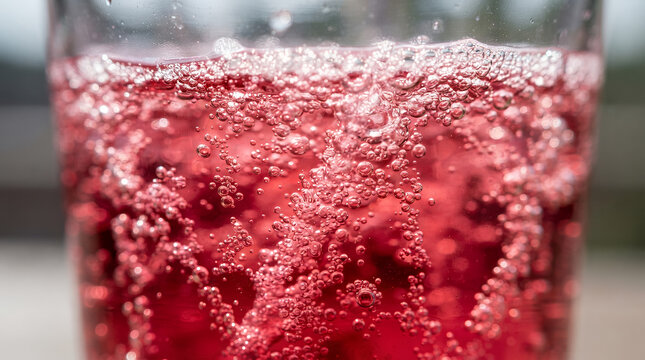 Close-up of fizzy pink drink with bubbles in sparkling texture