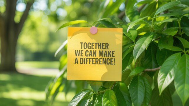 Yellow sticky note with inspirational text together we can make a difference attached to bright green leaves in sunny nature