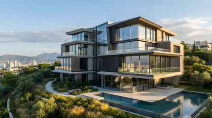 Fototapeta premium Contemporary multi-level luxury villa with swimming pool and scenic mountain background view