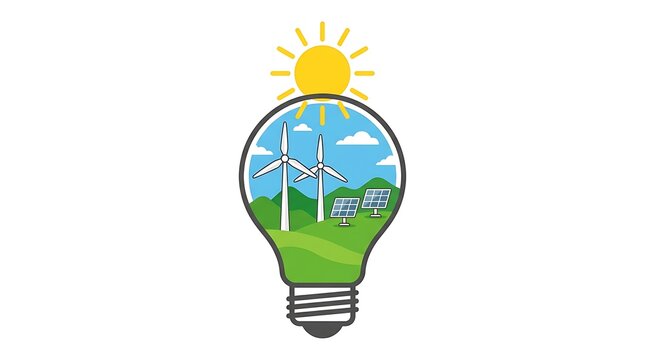 Green energy concept vector illustration with lightbulb wind turbines and sun