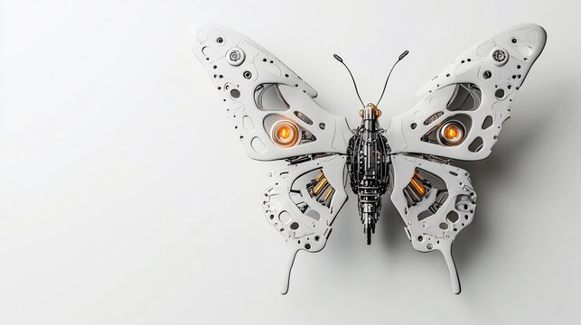 Robotic butterfly with intricate mechanics, set against a plain white backdrop