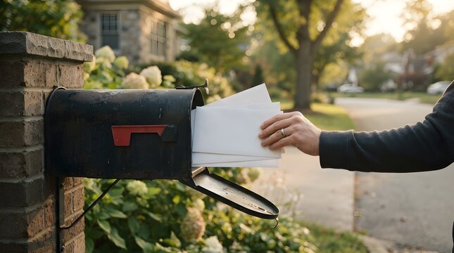 Person putting a stack of white envelopes into a black metal mailbox at sunset hand