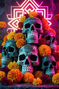 Stylized skulls with circuit patterns on Day of the Dead altar. Marigold flowers and neon lights create a vibrant, futuristic shrine honoring tradition and tech.
