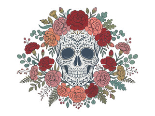 Fototapeta premium Intricate sugar skull illustration surrounded by a vibrant floral wreath of red and pink flowers.