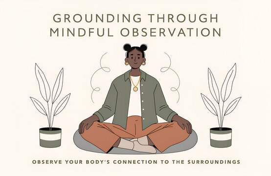 Illustration of person meditating cross‑legged on mat with plants symbolizing grounding through mindful observation and anxiety therapy awareness practice generated ai