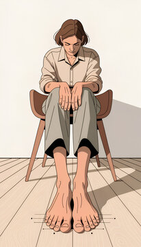 Stylized illustration of person seated on wooden chair with contemplative posture emphasizing large feet proportions representing anxiety therapy awareness and grounding generated ai