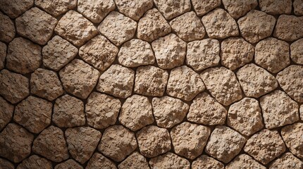 Naklejka premium Rough textured stone wall made of irregular blocks. Natural rock surface pattern, outdoor building facade detail. Background for nature themes, construction, or rustic design.