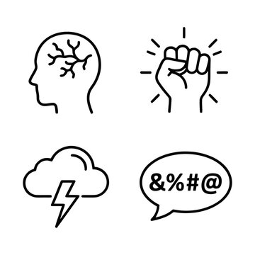 Anger and Stress Management Icon Set with Brain Tension Fist Punch Thunder Cloud and Profanity Speech Bubble Line Art Vector Illustration for Mental Health and Frustration Concepts