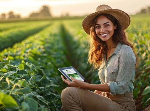 woman in a straw hat kneeling in a green crop field at golden hour, holding a tablet with agricultural data, looking focused and calm