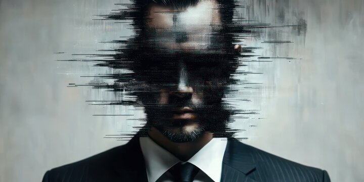 figure in suit with glitched obscured face and horizontal digital distortion conveying unease and loss of identity