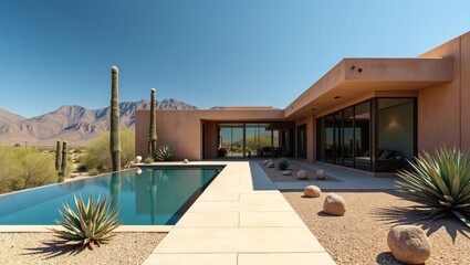 Fototapeta premium Southwestern desert modern villa, terracotta stucco walls, floor‑to‑ceiling glass windows, infinity swimming pool, saguaro cacti and agave plants, gravel landscaping with boulders, stone walkway, rugg