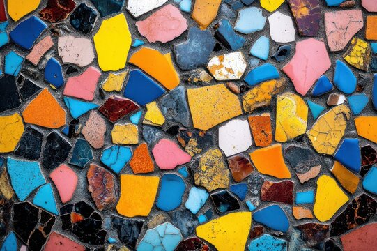 Vibrant mosaic of irregular broken ceramic tiles in bright blue, yellow, pink, orange and white set in dark grout, cracked glazed shards creating an energetic cheerful texture