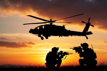 Fototapeta premium Soldiers with rifles crouch in silhouette against a dramatic sunset. Military helicopter flies overhead during dusk. A scene of armed forces and air power.