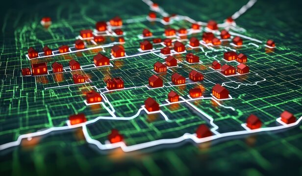 red miniature houses on a glowing circuit grid map with white connection lines conveying a futuristic sense of connected community