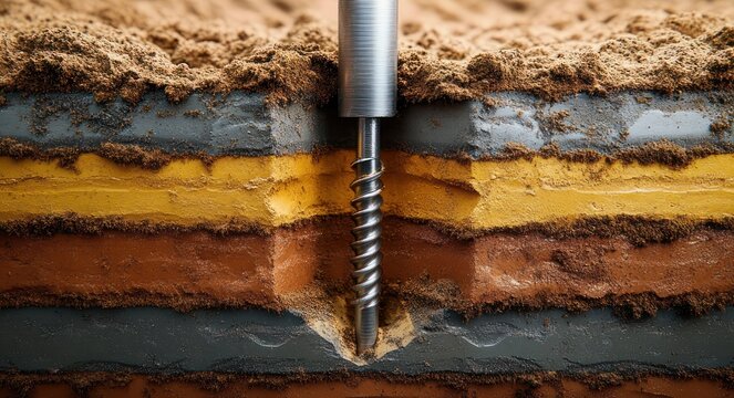 Close-up cross-section of layered soil and sediment with a metal screw auger drilling downward, conveying precision and industrial determination