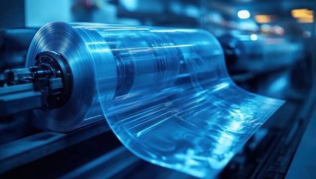 Close-up of transparent plastic film unwinding from a metal roll on an industrial production line, cool blue lighting and glossy high-tech manufacturing atmosphere