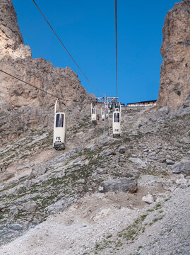 Sellajoch, Italy - August, 8, 2026 :  Telecabin Forcella del Sassolungo, Coffin Lift in the Dolomites, Italy