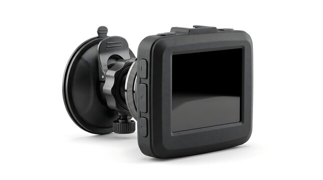 Modern black dash camera with suction cup mount isolated on white background.