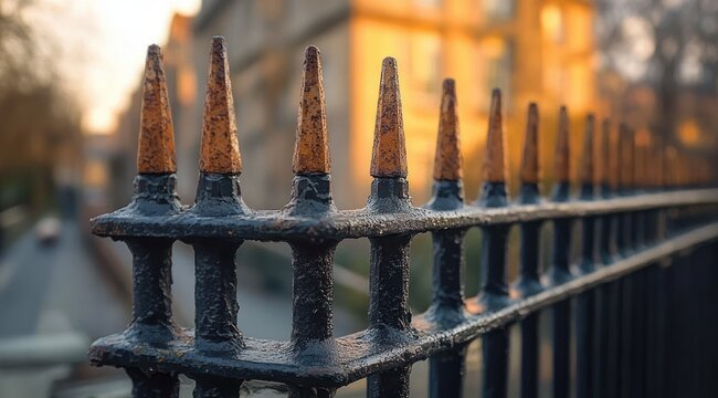 close-up of weathered wrought iron fence with golden pointed tips and warm sunlit building blurred in the background evoking calm nostalgia