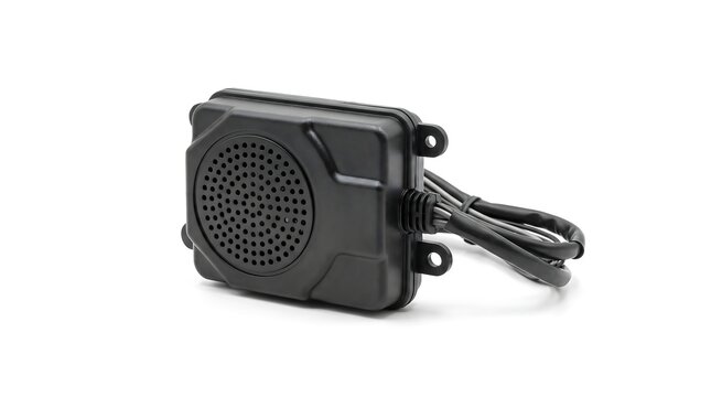Black electronic speaker component with wiring harness.