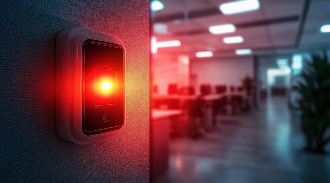 red glowing security sensor mounted on wall with blurred modern open-plan office in background, conveying alert and urgency