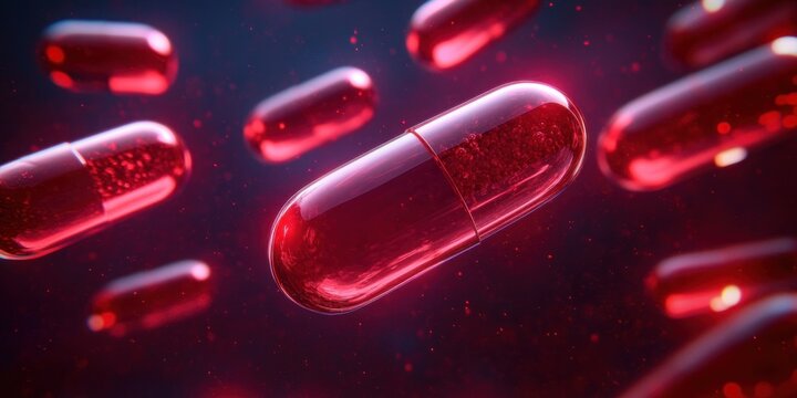 glossy red translucent capsules floating in dark space with visible interior particles and reflective surfaces, evoking a dramatic urgent futuristic clinical mood