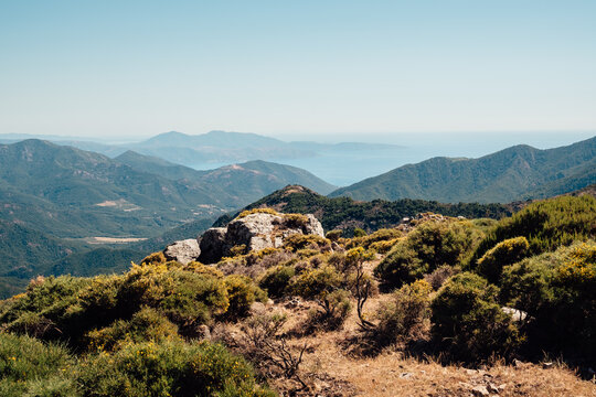View on the coastline of the Mediterranean from the mountains in Corsica
