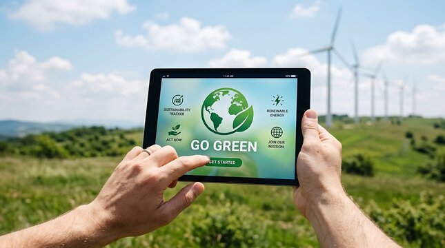 Person using tablet with go green hologram interface outdoors near wind turbines