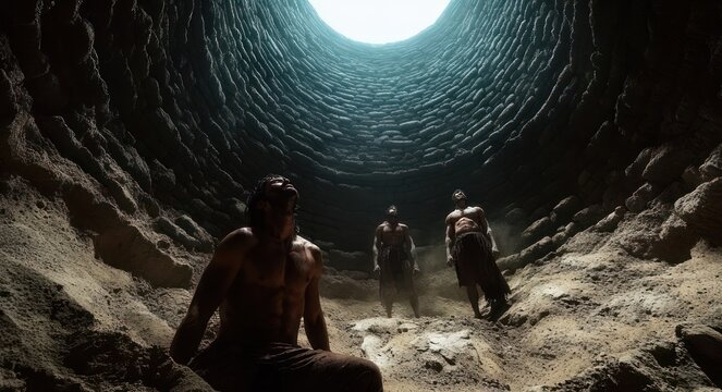 Three shirtless men standing in a deep circular stone well, looking up toward a bright opening, conveying desperation, tension and a flicker of hope