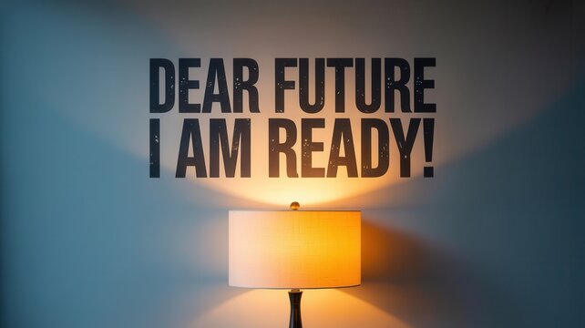 Inspirational quote dear future i am ready written in bold black lettering on a grey wall with warm lamp lighting