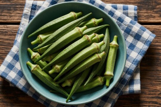 Fresh green okra pods arranged in blue bowl on rustic wood table. Vegetable assortment for healthy eating and cooking. Tasty summer harvest for your kitchen.