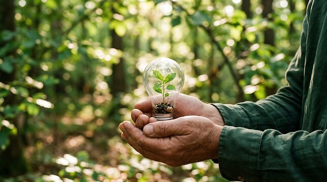 Green energy concept small sprout growing inside lightbulb forest background