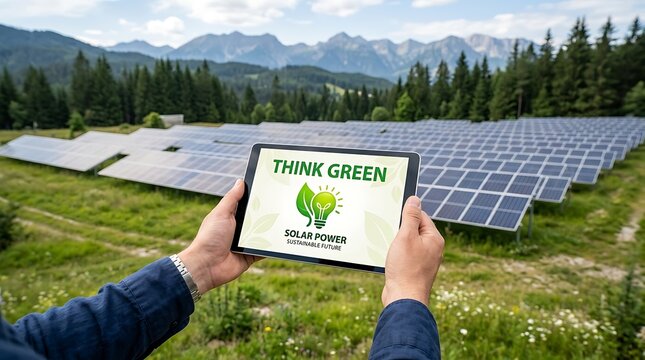 Person holding tablet computer displaying think green text message solar farm