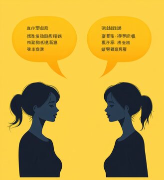 Two female silhouettes in profile facing each other with blurred faces and ponytails, speech bubbles with text above them on a bright yellow background conveying a serious conversation