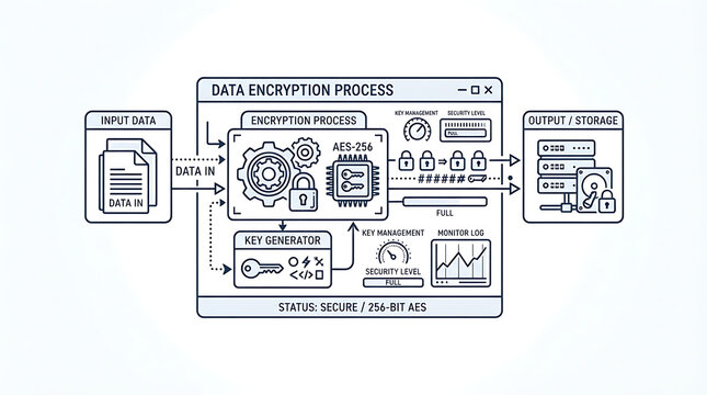 Data encryption process technical diagram with secure storage using modern line art style workflow diagram