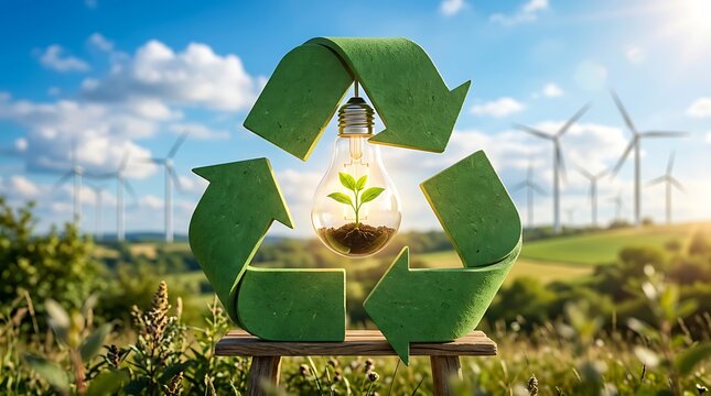 Green recycling symbol enclosing light bulb with plant sprouting wind turbines