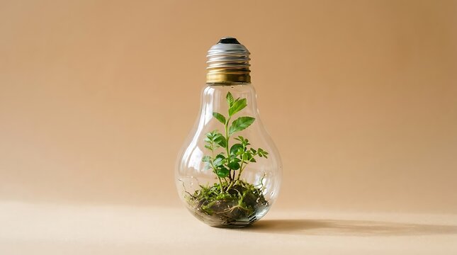 Glass light bulb with sprouting green plant inside resting on neutral background