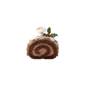 Chocolate yule log cake slice with meringue mushroom