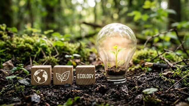 Glowing light bulb with growing plant inside surrounded by moss and forest floor