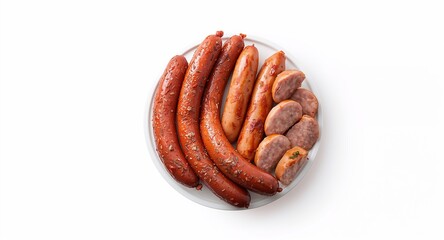 Fototapeta premium Clean minimalist photograph of artisanal sausage varieties including smoked kielbasa and herbed � Food Photography for Restaurant, Culinary and Dining Concept