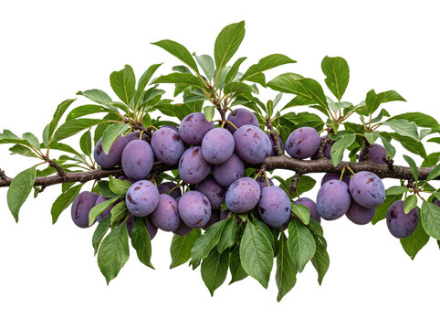Fresh ripe purple plums branch hanging with green leaves isolated on black background for organic farming harvest, healthy fruit nutrition, agricultural orchard yield, juicy produce, raw sweet food.