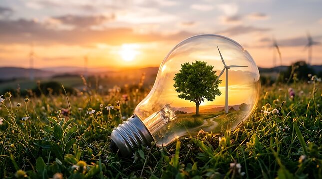 Green energy light bulb with miniature tree and wind turbine at sunset meadow