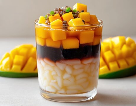 glass of layered mango dessert with diced mango cubes, dark jelly layer, creamy coconut tapioca pearls and microgreen garnish, two mango halves in background, bright refreshing indulgence