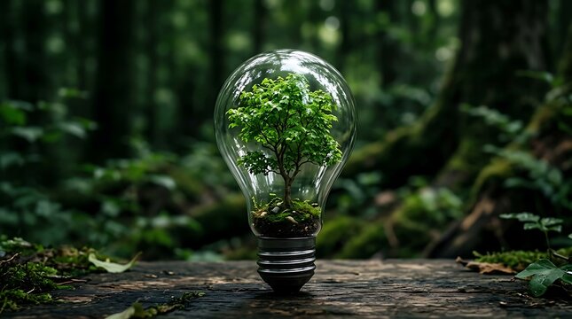 Green energy glass light bulb containing small living tree in forest