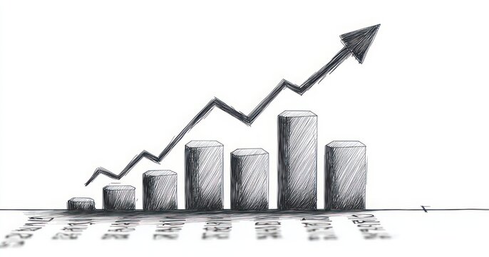Hand-drawn pencil bar chart with six shaded cylindrical columns on a horizontal axis and a zigzag arrow rising upward, conveying optimistic growth and positive momentum